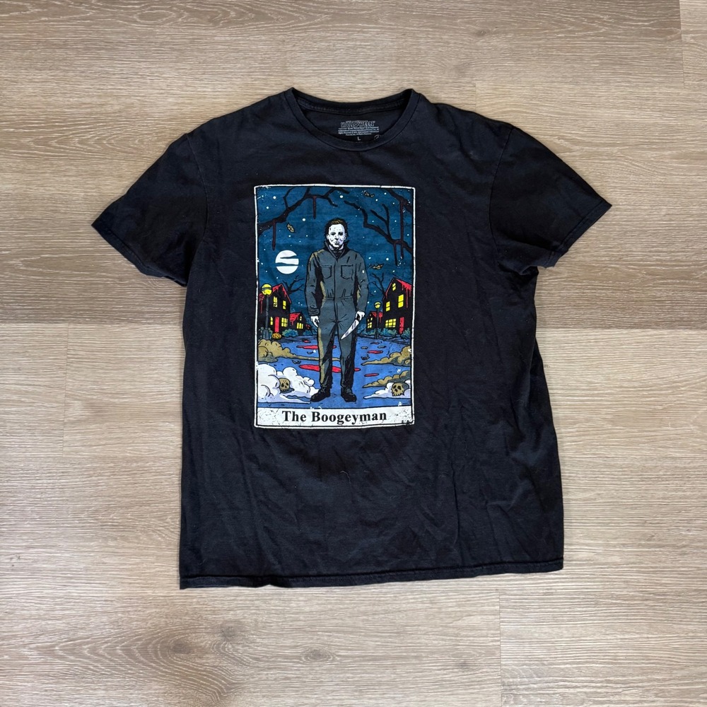 Halloween T-Shirt Mens Large Black Michael Myers Boogeyman Tarot Card Graphic